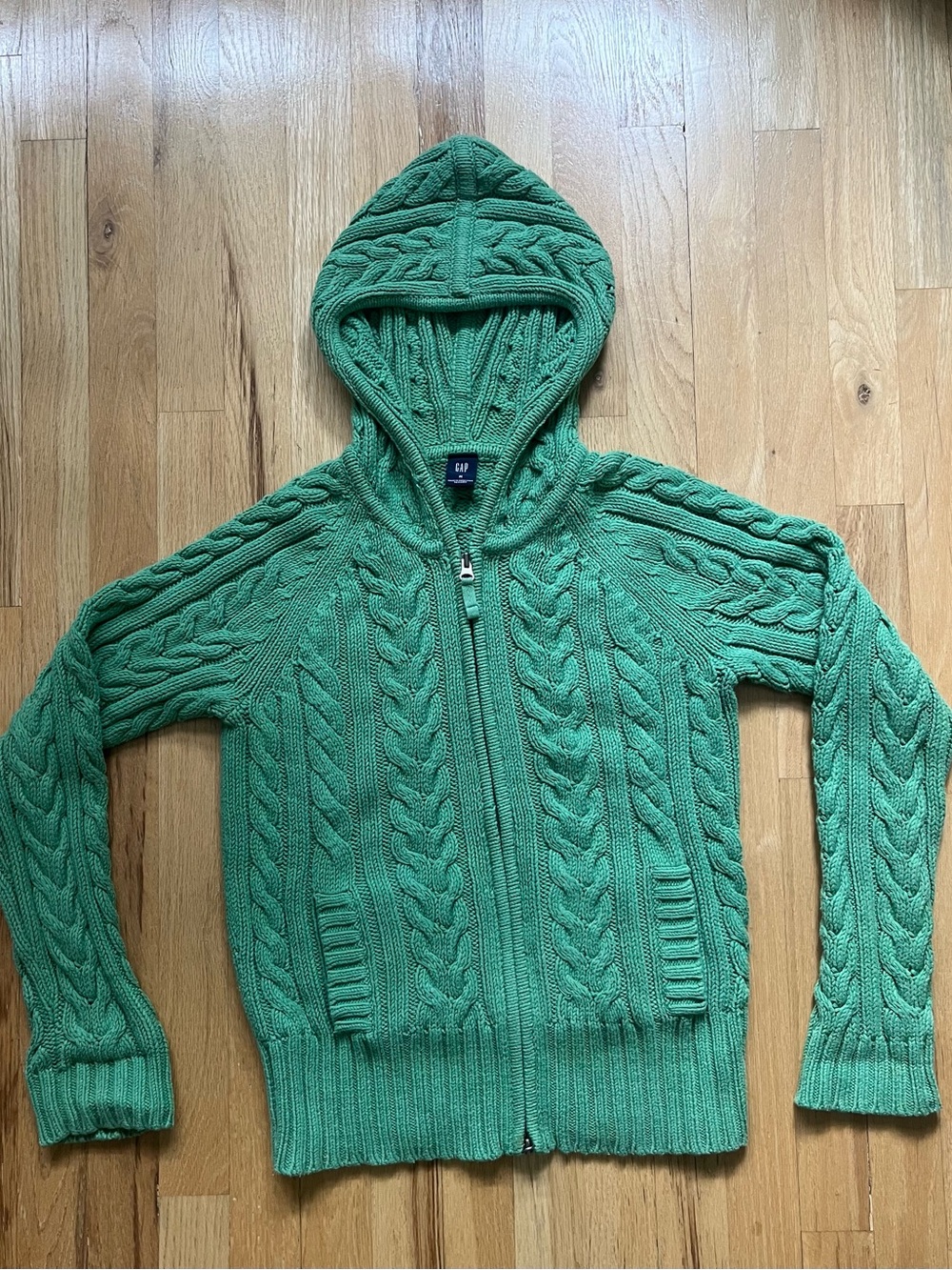 GAP Hooded Cable-Knit Zip Sweater in Bright Green